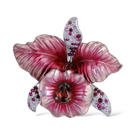 Sterling Silver w/ Black White Plating Brooch Created Pink Sapphire,White Topaz,Created Ruby,Enamel,Garnet (O314187ENASK925)