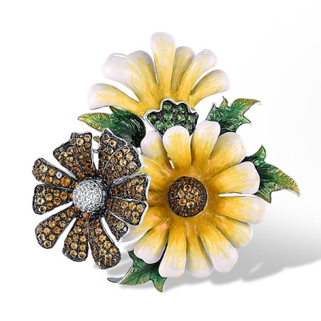 Sterling Silver w/ Black White Plating Brooch Enamel,Green Garnet,White Topaz,Citrine (O314188ENASK925)
