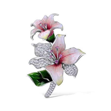 Sterling Silver w/ Black White Plating Brooch White Topaz,Created Pink Sapphire,Enamel (O314190ENASK925)