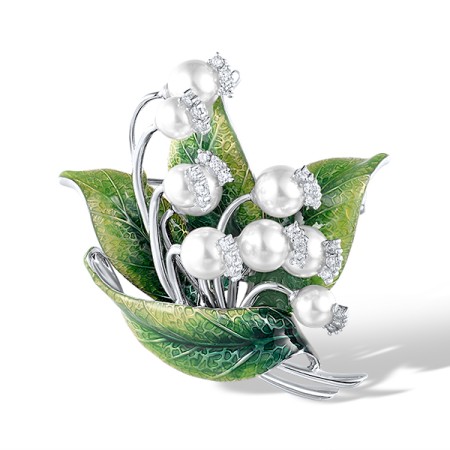 Sterling Silver Brooch Crystal Swarovski pearls,Enamel,White Cubic Zirconia (O314192ENASL925)