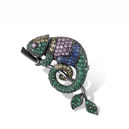 Sterling Silver w/ Black Plating Brooch Blue Nano Cubic Zirconia,Created Pink Sapphire,Green Spinel,Yellow Nano Cubic Zirconia (Ci (O318159MULSB925)