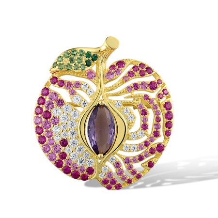 Sterling Silver w/ Rose Plating Brooch Created Pink Sapphire,Created Ruby,Purple Glass,Synthetic Green Spinel,White Cubic Zirconia (O321985MULSR925)