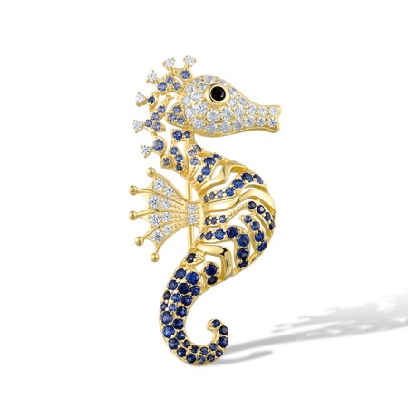 Sterling Silver w/ Yellow Plating Brooch Created Sapphire,Synthetic Blue Spinel,Synthetic Black Spinel,White Cubic Zirconia (O321989MULSY925)