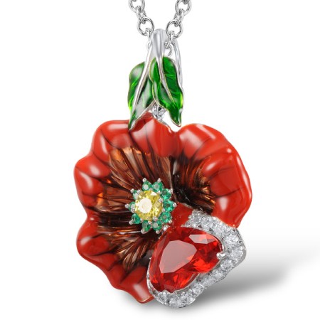 Sterling Silver Pendant Red Glass,White Cubic Zirconia,Enamel,Yellow Cubic Zirconia,Green Spinel (P303874ENASL925)