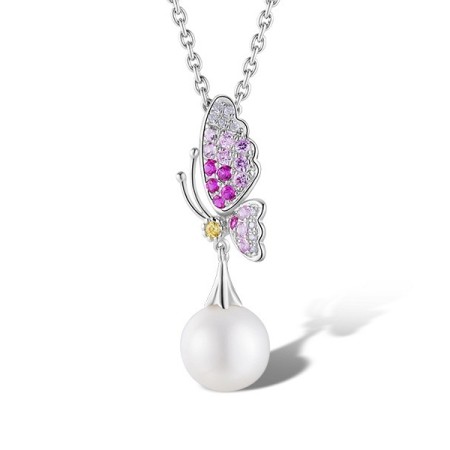 Sterling Silver Pendant Created Pink Sapphire,Created Yellow Sapphire,Fresh Water White Pearl,White Cubic Zirconia (P304010MULSL925)