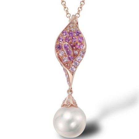 Sterling Silver Pendant Created Pink Sapphire,Fresh Water White Pearl,White Cubic Zirconia (P304011MULSL925)