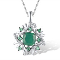 Sterling Silver w/ Black White Plating Pendant Green Spinel,White Cubic Zirconia,Dyed Green Agate (P305033GSGZSK925)