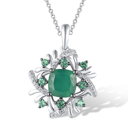 Sterling Silver w/ Black White Plating Pendant Green Spinel,White Cubic Zirconia,Dyed Green Agate (P305033GSGZSK925)