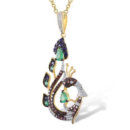 Sterling Silver w/ Yellow Plating Pendant Blue Nano Cubic Zirconia,Cognac Diamond (Treated),Green Glass,Green Spinel,White Cubic Zirconia (P305046MULSY925)