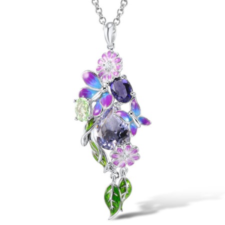 Sterling Silver Pendant Green Glass,Purple Glass,White Cubic Zirconia,Enamel (P305104ENASL925)