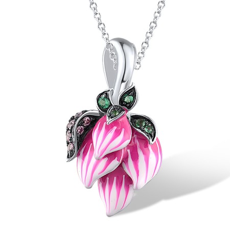 Sterling Silver w/ Black White Plating Pendant Enamel,Green Spinel,Pink Cubic Zirconia (P305355ENASK925)