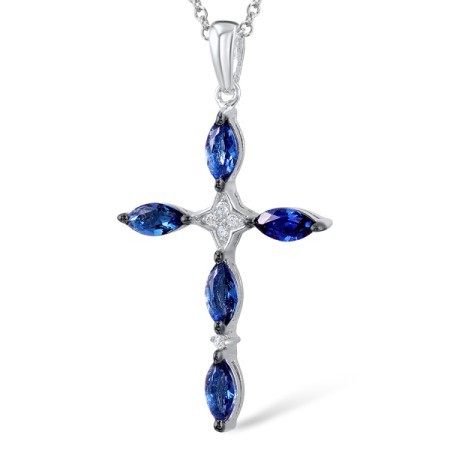 Sterling Silver w/ Black White Plating Pendant White Cubic Zirconia,Blue Glass (P305595SBLGZSK925)