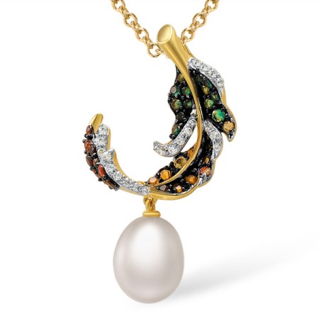 Sterling Silver w/ Yellow Plating Pendant Yellow Nano Cubic Zirconia (Ci,Fresh Water White Pearl,Green Spinel,Garnet Cubic Zirconia,Orange Zircon,Green Nano Cubic Zirconia (Per,White Cubic Zirconia,Chocolate CZ (P305615MULSY925)