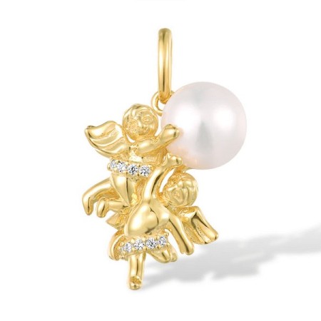 Sterling Silver w/ Yellow Plating Pendant Fresh Water White Pearl,White Cubic Zirconia (P305764AFWZSY925)