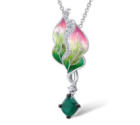 Sterling Silver Pendant Enamel,Green Chalcedony,White Cubic Zirconia (P306238ENASL925)