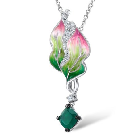 Sterling Silver Pendant Enamel,Green Chalcedony,White Cubic Zirconia (P306238ENASL925)