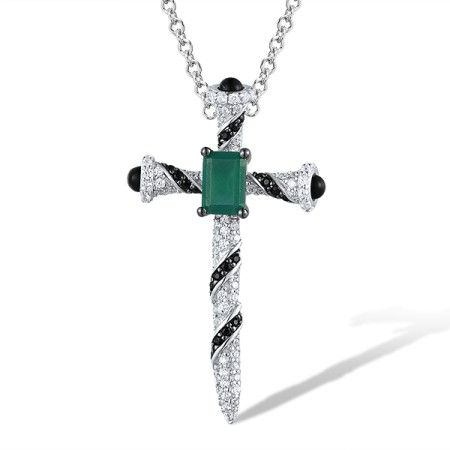 Sterling Silver w/ Black White Plating Pendant Onyx,White Cubic Zirconia,Black spinel,Green Chalcedony (P306293MULSK925)