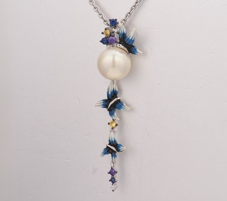 Sterling Silver w/ Black White Plating Pendant Amethyst Cubic Zirconia,Blue Nano Cubic Zirconia,Enamel,Fresh Water White Pearl,White Cubic Zirconia,Yellow Nano Cubic Zirconia (Ci (P306720ENASK925)