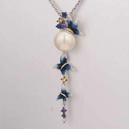 Sterling Silver w/ Black White Plating Pendant Amethyst Cubic Zirconia,Blue Nano Cubic Zirconia,Enamel,Fresh Water White Pearl,White Cubic Zirconia,Yellow Nano Cubic Zirconia (Ci (P306720ENASK925)