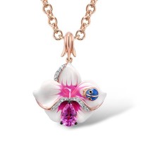 Sterling Silver w/ Rose Plating Pendant Created Pink Sapphire,Enamel,White Cubic Zirconia (P306757ENASR925)