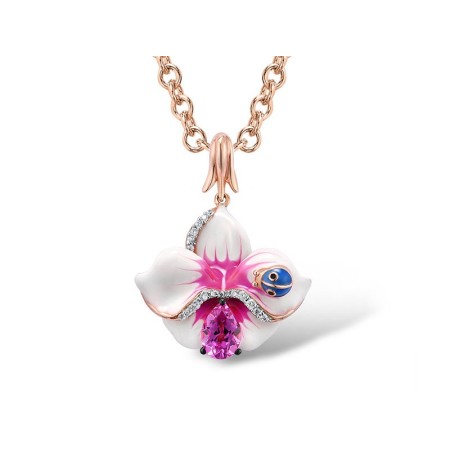 Sterling Silver w/ Rose Plating Pendant Created Pink Sapphire,Enamel,White Cubic Zirconia (P306757ENASR925)