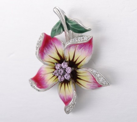 Sterling Silver w/ Black White Plating Pendant Created Pink Sapphire,Enamel,White Cubic Zirconia (P306762ENA1SK925)