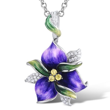 Sterling Silver w/ Black White Plating Pendant Enamel,White Cubic Zirconia,Yellow Cubic Zirconia (P306763ENA1SK925)