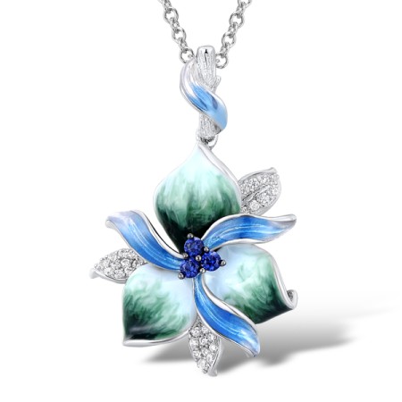 Sterling Silver w/ Black White Plating Pendant Blue Nano Cubic Zirconia,Enamel,White Cubic Zirconia (P306763ENA3SK925)