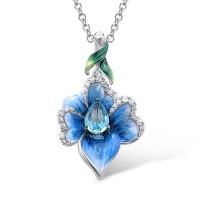 Sterling Silver w/ Black White Plating Pendant Blue Glass,Enamel,White Cubic Zirconia (P306764ENA1SK925)