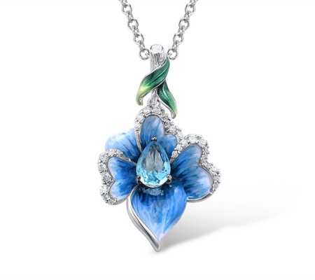 Sterling Silver w/ Black White Plating Pendant Blue Glass,Enamel,White Cubic Zirconia (P306764ENA1SK925)