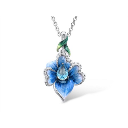 Sterling Silver w/ Black White Plating Pendant Blue Glass,Enamel,White Cubic Zirconia (P306764ENA1SK925)