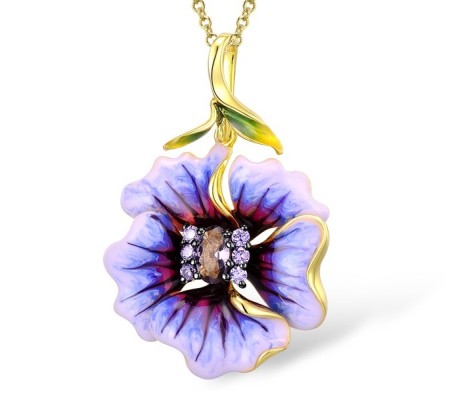 Sterling Silver w/ Yellow Plating Pendant Dark Purple CZ,Enamel,Purple Glass (P306765ENA1SY925)
