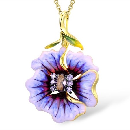 Sterling Silver w/ Yellow Plating Pendant Dark Purple CZ,Enamel,Purple Glass (P306765ENA1SY925)