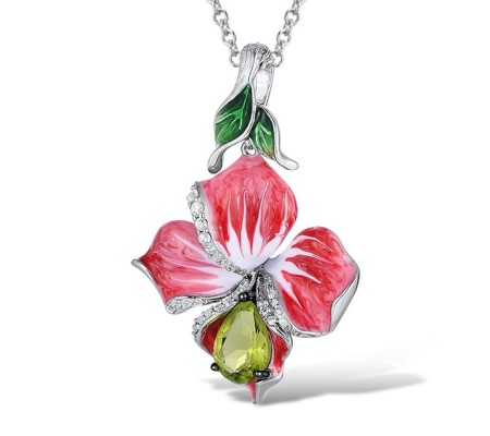 Sterling Silver w/ Black White Plating Pendant Enamel,Green Glass,White Cubic Zirconia (P306767ENA1SK925)