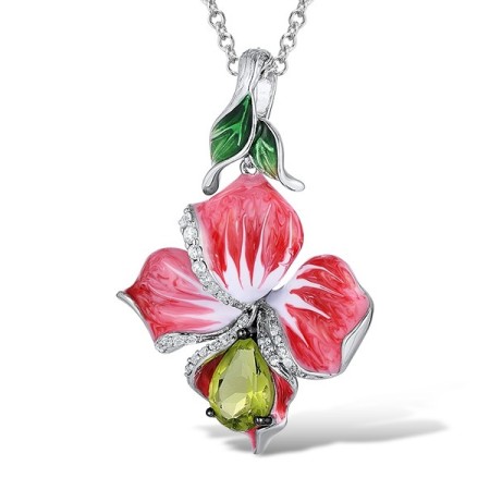 Sterling Silver w/ Black White Plating Pendant Enamel,Green Glass,White Cubic Zirconia (P306767ENA1SK925)