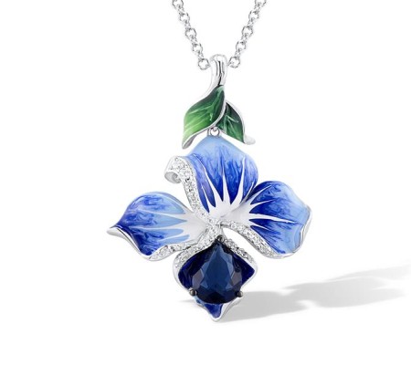 Sterling Silver w/ Black White Plating Pendant Blue Glass,Enamel,White Cubic Zirconia (P306767ENA2SK925)