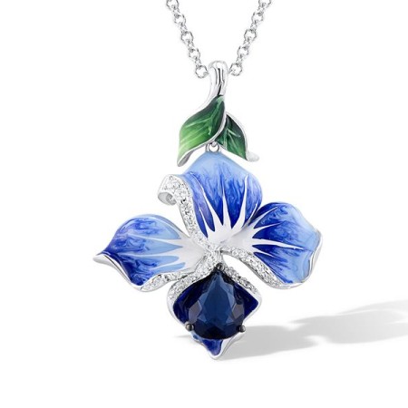 Sterling Silver w/ Black White Plating Pendant Blue Glass,Enamel,White Cubic Zirconia (P306767ENA2SK925)