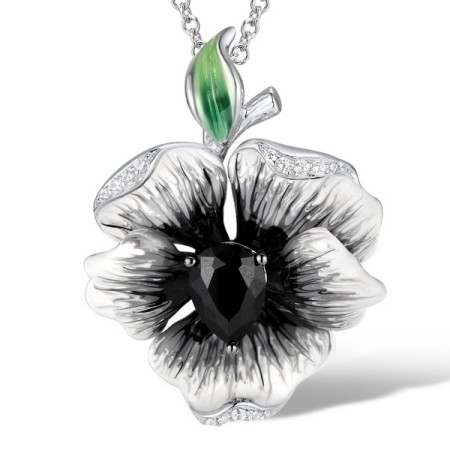 Sterling Silver w/ Black White Plating Pendant Black spinel,Enamel,White Cubic Zirconia (P306768ENA2SK925)
