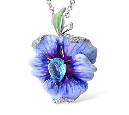 Sterling Silver w/ Black White Plating Pendant Blue Glass,Enamel,White Cubic Zirconia (P306768ENA4SK925)