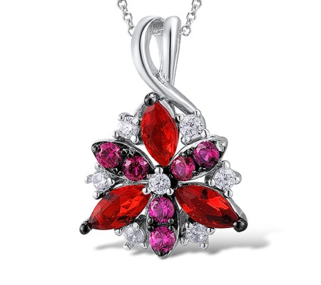 Sterling Silver w/ Black White Plating Pendant Red Glass,White Cubic Zirconia,Created Ruby (P306861CRRZSK925)