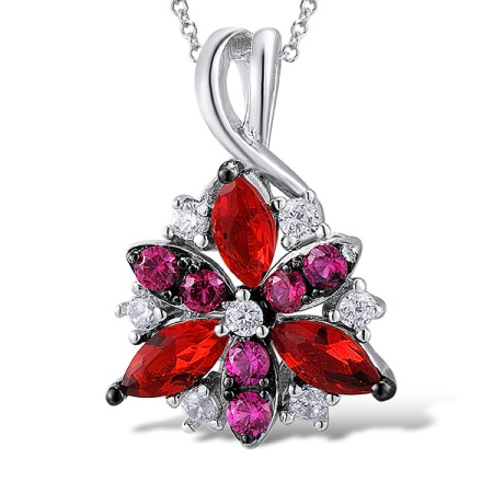 Sterling Silver w/ Black White Plating Pendant Red Glass,White Cubic Zirconia,Created Ruby (P306861CRRZSK925)