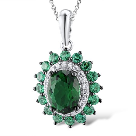 Sterling Silver w/ Black White Plating Pendant White Cubic Zirconia,Green Glass,Green Spinel (P307093GGNZSK925)