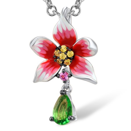 Sterling Silver w/ Black White Plating Pendant Enamel,Green Glass,Yellow Cubic Zirconia,Created Pink Sapphire (P307322ENASK925)
