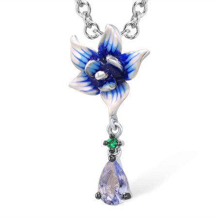 Sterling Silver w/ Black White Plating Pendant Enamel,Green Spinel,Blue Glass (P307327ENA1SK925)