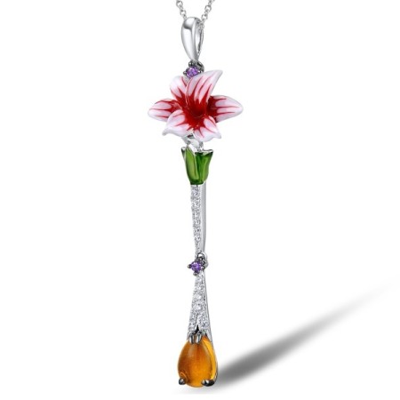 Sterling Silver Pendant Amethyst Cubic Zirconia,Enamel,White Cubic Zirconia,Yellow Glass (P307381ENASL925)