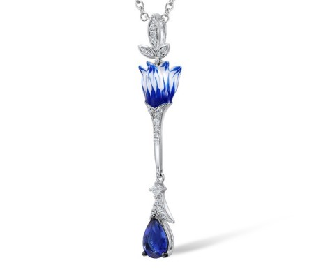 Sterling Silver Pendant Blue Glass,Enamel,White Cubic Zirconia (P307382ENASL925)