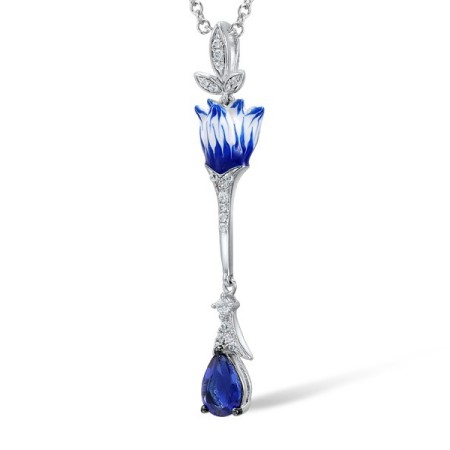 Sterling Silver Pendant Blue Glass,Enamel,White Cubic Zirconia (P307382ENASL925)