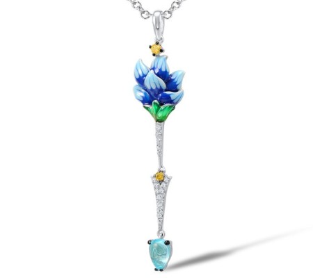 Sterling Silver Pendant Blue Glass,Enamel,White Cubic Zirconia,Yellow Nano Cubic Zirconia (Ci (P307383ENASL925)