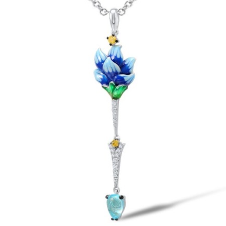 Sterling Silver Pendant Blue Glass,Enamel,White Cubic Zirconia,Yellow Nano Cubic Zirconia (Ci (P307383ENASL925)