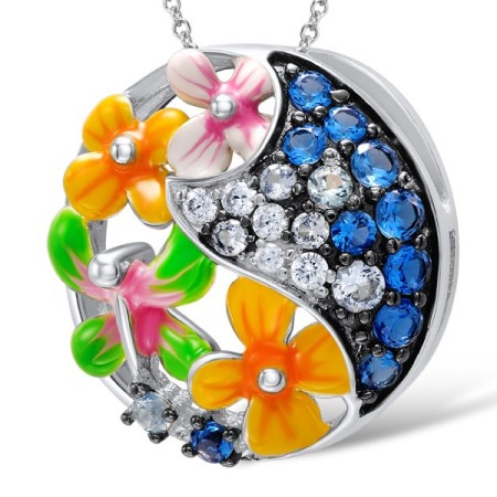 Sterling Silver Pendant Enamel,White Cubic Zirconia,Blue Spinel (P307586ENASL925)